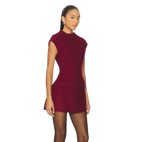 NEW Line & Dot Noelia Mini Dress Bordeaux Dark Maroon Red Wool Cap Sleeve Flare - Picture 2 of 3